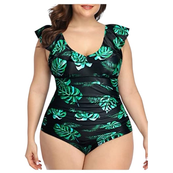 DACI Black And Green Leaf Tummy Control Ruched One Piece Swimsuit Size 18W - Picture 1 of 10